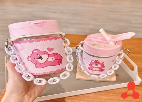 BÌNH NƯỚC GẤU DÂU LOTSO BỌC DA CÓ ỐNG HÚT